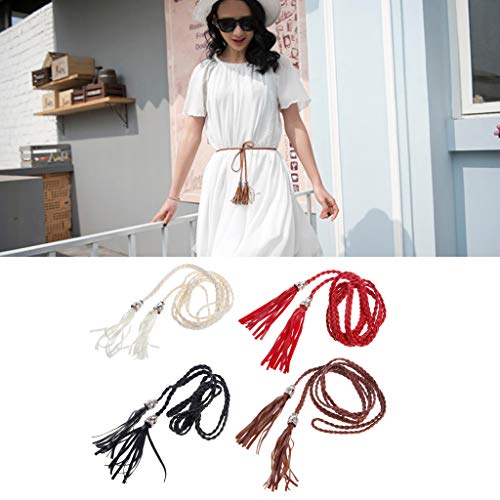 Ladies Women Braided Belt PU Leather Self-Tie Thin Waist Rope Belt White2
