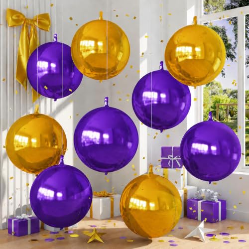 Image of 9 Pcs Purple Gold Round Foil Balloons Dark Purple Metallic Gold Chrome 4D Ball Balloons 22 In Orbz Mylar Balloon for Graduation Grad Birthday Wedding Anniversary Disco Party Decorations