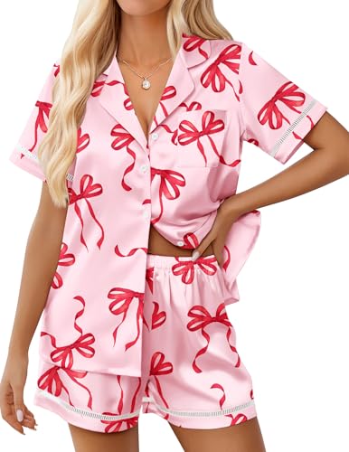 Image of Ekouaer Womens Silk Pajama Sets Button Up Satin Pjs Short Sleeve 2 Piece Pj Sets Cute Lounge Sets with Chest Pocket