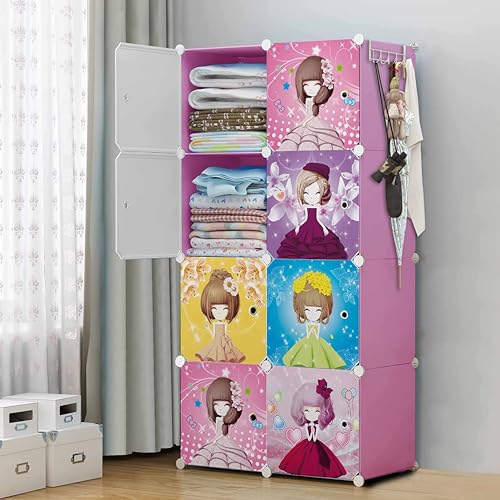 Image of AYSIS Almirah for Clothes, Plastic Soft Sheet Collapsible Wardrobe for Kids Toys /Books, Baby Cupboard Storage in Bedroom Nursery, Cartoon (Pink, 8-Shelf-8-Door)