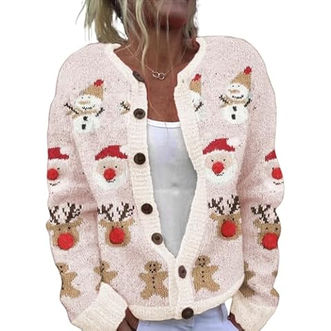 Women's Funny Fall Winter Long Sleeve Christmas Tree Elk Santa Claus Xmas Button Knit Cardigan Sweater Vintage Knitted Outerwear(Christmas-Winter,M) Cover