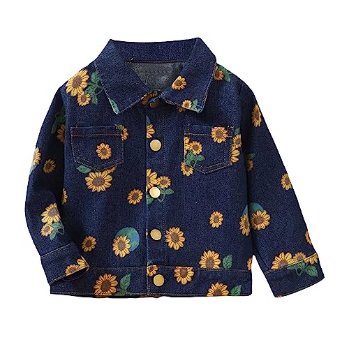 RNTOP Kids Jean Jacket Girls Baby Toddlers Denim Coat Outerwear Children Sunflower Button Down (Dark Blue, 18-24 Months)