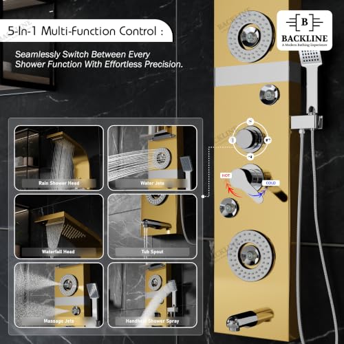 Image of Backline shower panel | 7 In 1 Shower System 304 Grade Stainless Steel | Shower With Storage Shelf, LED Rainfall Shower,Hot & Cold Adjustable,Massage Spray,Hand Shower & Water Spout