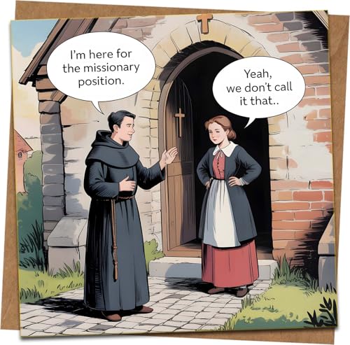 Divertida tarjeta de felicitación de posición misionera – Juego de palabras religioso descarado, interior en blanco – 145 mm x 145 mm – Sobre de papel kraft – Tarjeta de humor para adultos para