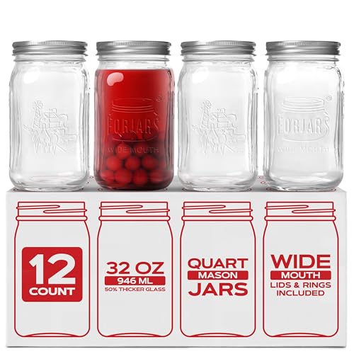 FORJARS Premium Mason Jars with Lids 32oz | Wide Mouth Canning Jars | 12-Pack Glass Jars for Jam Jelly Pickling Food Storage Freezer Safe Airtight Bulk Set