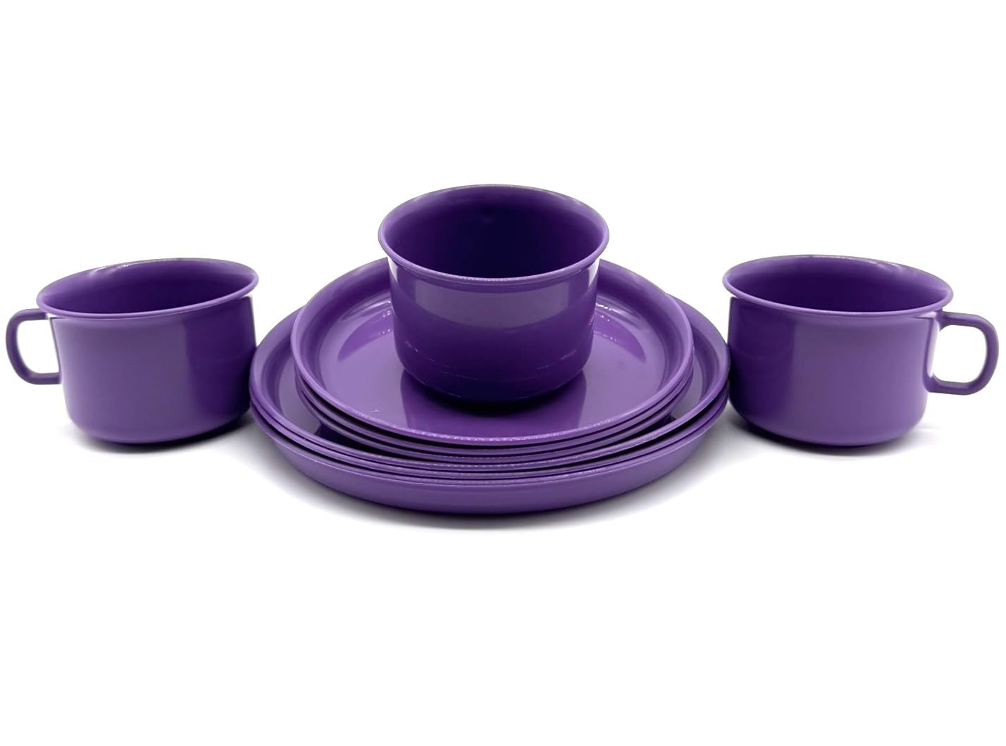 3 Stück Geschirr-Set Geschirrservice Kaffeeservice Plastikgeschirr Frühstücksset, besteht aus je 3 Tassen Untertassen und Teller, Kunststoff plastik, Mehrweggeschirr, Farbe violett Küche, Haushalt & Wohnen