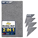 Muddy Mat® Absorbent Microfiber Door Mat Grey 18" x 28" (pack of 1) with Heavy Duty Non-Slip Rug Corner Pad (Pack of 4) - Double-Sided Adhesive Pad for Corners - Ultimate Floor Protection Combo