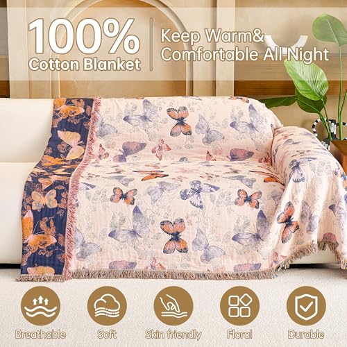 Image of VANJOROY Boho Throw Blanket, 100% Organic Cotton Breathable Ultra Soft 60 inch x 80 inch Bed Quilt Throw - All Season Floral Rustic Farmhouse Decor Luxury Reversible Blanket for Sofa Couch Chair and Gift