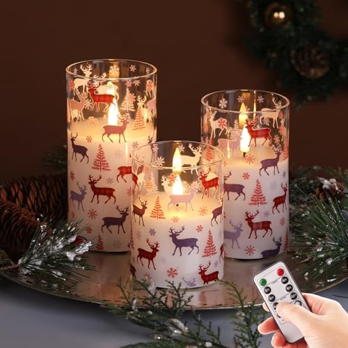 Image of Glass Flameless Pillar Candles with Remote, Flickering Red Buffalo Plaid Glass LED Candles Battery Operated Set of 3