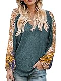 Picture of Beyove Boho Tops for Women Bohemian Hippie Clothes Lantern Long Sleeve Shirts V Neck Loose Flowy Blouse Plus Size Dark Green