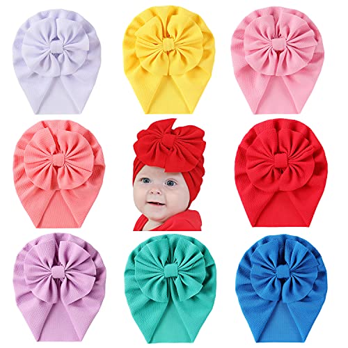 Image of Cinaci 8 Pack Solid Knotted Bowknot Big Hair Bow Beanie Turban Hats Caps Wide Headwraps for Baby Girls Infants Toddlers Little Kids