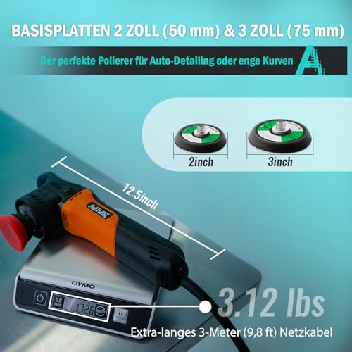 AUTIWOZ W02 Exzenter Poliermaschine Mini,630W Auto Polieren von Scheinwerfern,12mm Orbit Poliur für Details/Gesamte Fahrzeug,50mm/75mm Stützteller,2500-7000RPM,Kratzwaxer Wachsen Polier Schleifen