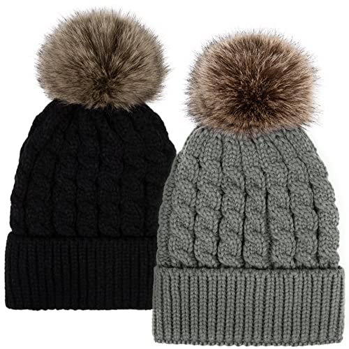 Simplicity Womens Beanie for Winter Unisex Winter Hand Knit Faux Fur Pompoms Beanie 2 Pieces Black/Grey