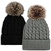 Simplicity Unisex Winter Hand Knit Faux Fur Pompoms Beanie 2 Pc Set Black/Grey