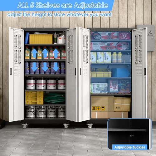 Image of Aobabo Garage Storage Cabinet with Wheels, Metal Storage Cabinet with 5 Adjustable Shelves for Garage Home, Black&Silver,71 inch H*34''W*18''D,Required-Assembly,