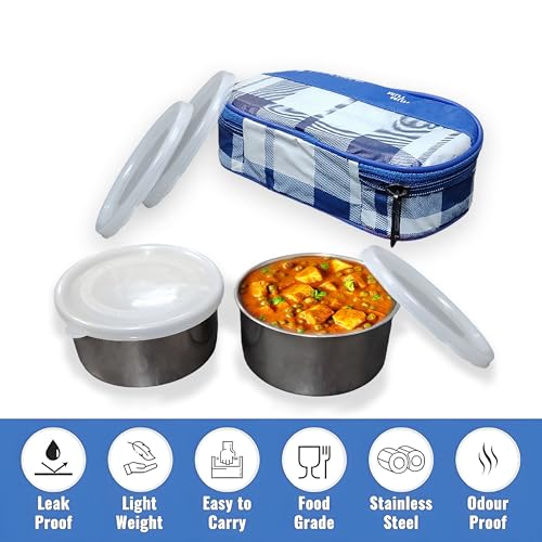 Image of Taxton Stainless Steel Lunch Box with 2 Containers and Insulated Carry Bag, Checkered Pattern, Plastic Lid (Blue)