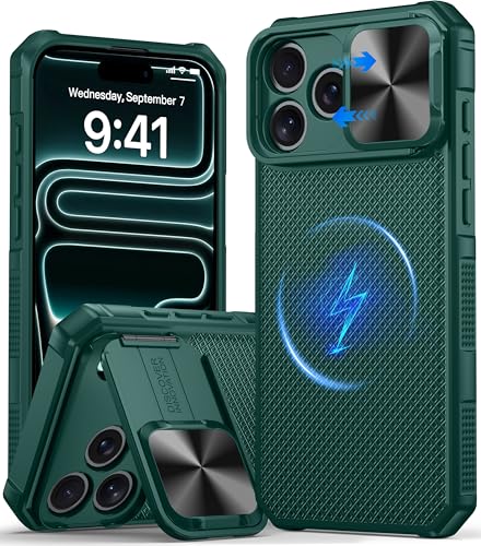 Image of Magnetic for iPhone 17 Pro Max Case [Slide Camera Cover] [Compatible with Magsafe] [Kickstand] [Military Grade Protection] Shockproof Rugged Case for iPhone 17 Pro Max,Green