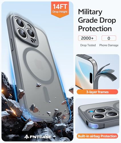 Image of FNTCASE for iPhone 15 Pro Case: [Compatible with Magsafe] Translucent Matte Cases with [Full Camera Protection] [Screen Protector] Military Grade Shockproof Protective Phone Cover - Gray