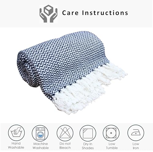 Image of Chevron 78x60 Inch Reversible Cotton Throw Blanket with Tassels| Blanket for Living Room, Sofa, Bed, Chair, Picnic & Used for Gift | Navy Narrow Chevron, Size - 200x150 Cm