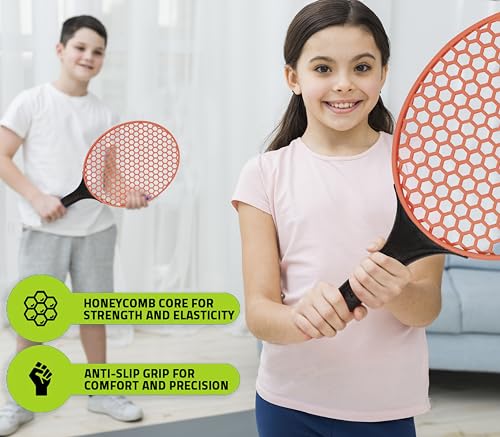 Image of Amazon Brand - Jam & Honey Honeycomb Paddle Racket Set with Net, 2 Rackets & 2 Balls, Indoor Outdoor Family Game for Kids & Adults 3+ Years, BIS Certified Child Safe (Orange) (Pack of 3)