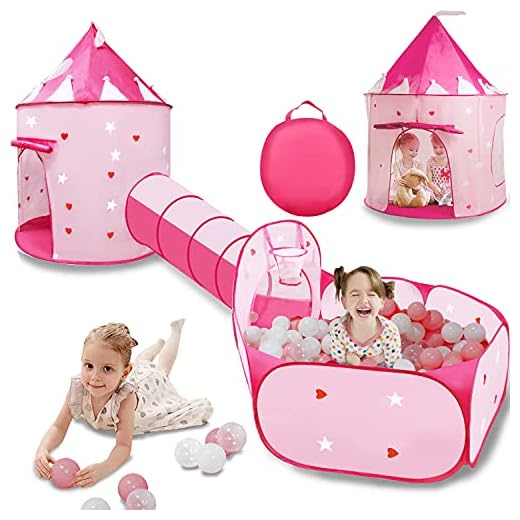 VOJUEAR 3pc Boys & Girls Play Toy Tents and Tunnels,Princess Fairy Tale Castle Play Tent Crawl Tunnel & Ball Pit with Basketball Hoop for Toddlers,Playhouse as Portable Storage Bag (Pink) …