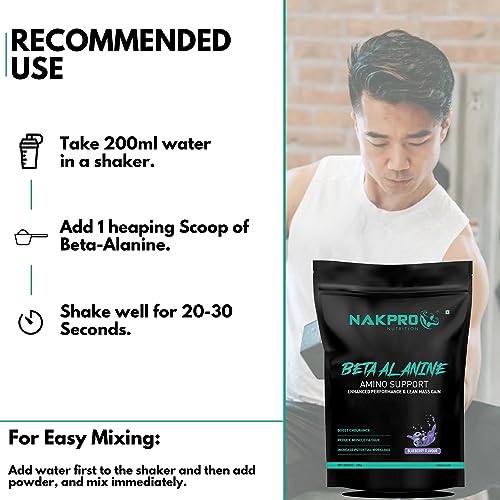 Image of Nakpro Beta Alanine Supplement Powder| Muscle Building Amino Acid, Faster Recovery, Pre Workout supplement for Men & Women -100g Blueberry, (33 Servings)