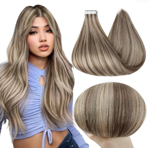 Image of Full Shine Highlights Tape in Hair Extensions, 20 Inch Ash Brown Blonde