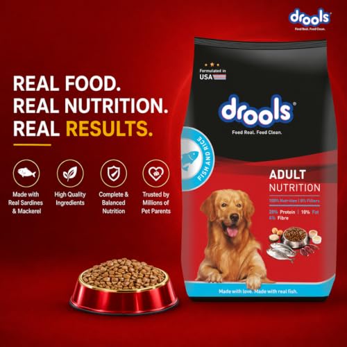 Image of Drools Adult Dry Dog Food 2.8kg + 1kg (Free) | Fish and Rice Flavour | Fish & Rice Formula | Gentle on Gut | Helps Maintain Strong Muscles and Vitality | Organic Chelated Minerals