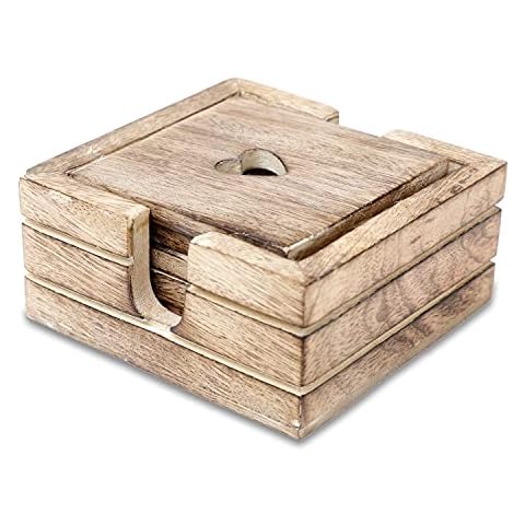 Drink coasters set of 6 with holder - Handmade Wooden coasters for Coffee, Tea, Mugs, Cups, Wine Glasses - Housewarming gift - Premium quality (Heart Cut Design) Cover