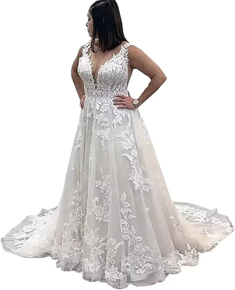 Sexy Sleeveless lace Aline v Neck Women Bridal Ball Gowns with Train Wedding Dresses for Bride Long White