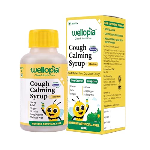 Image of Kids Daytime Cough Syrup | Dry & Wet Cough Relief | Honey, Tulsi, Ginger & Licorice | Non-Drowsy, Drug-Free | Natural Blueberry Flavor | 100ml (Ages 2+)