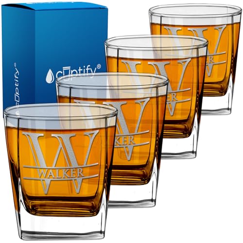 Cuptify Personalized Whiskey Glass for Men Set of 4 Etched Split Letter Name 12 oz Double Old Fashioned Rocks Cocktail Bourbon Glass Customizable Designs Gift