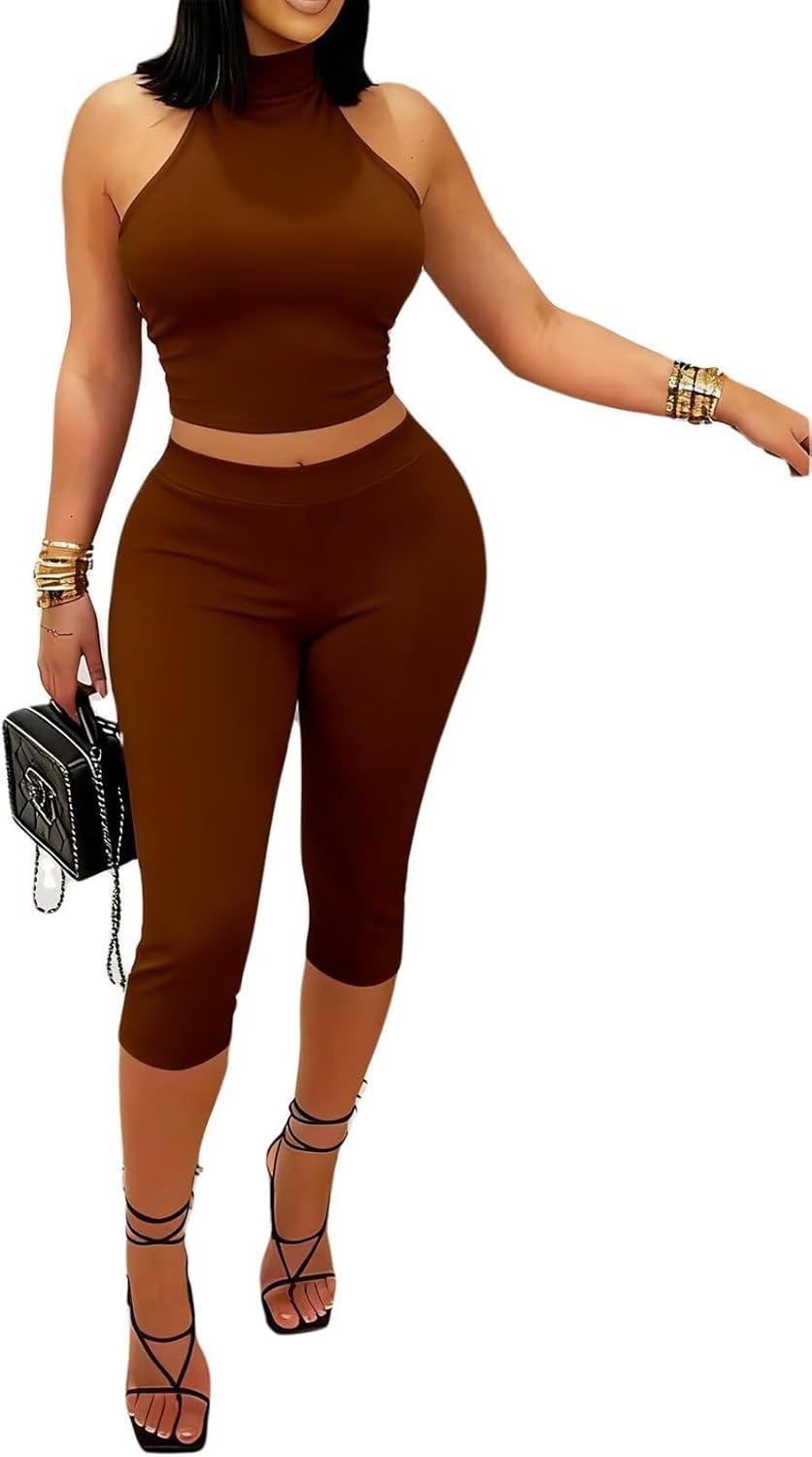 ENOPINK 2 Piece Outfits for Women Sexy Backless Halter Bodycon Capri Pants Sets Sleeveless Tank Crop Top Casual Tracksuit