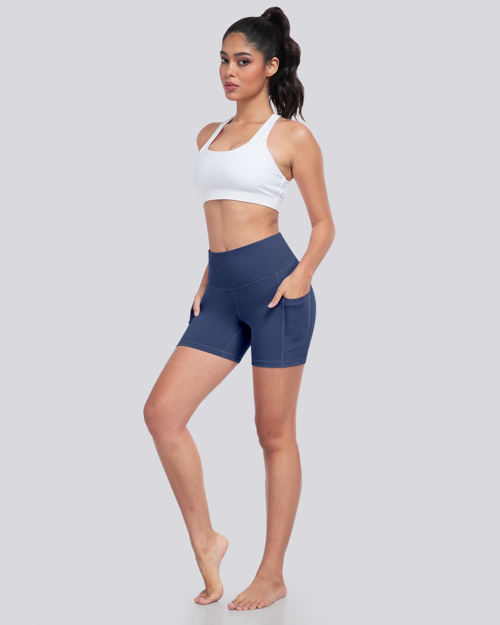 LZYVOO Pantalones Cortos de Elastano para Mujer con Bolsillos, Pantalones Cortos de Cintura Alta para Yoga y Entrenamiento, Paquete de 5: Negro, Gris Oscuro, Azul Marino, borgoña, Verde Militar, M