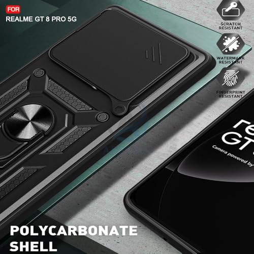 Image of AESTMO Tough Armor Realme GT 8 Pro 5G Bumper Back Case Cover | Ring Holder & Sliding Camera Shield Cover | 360 Degree Protection Back Case Cover for Realme GT 8 Pro 5G (Black)