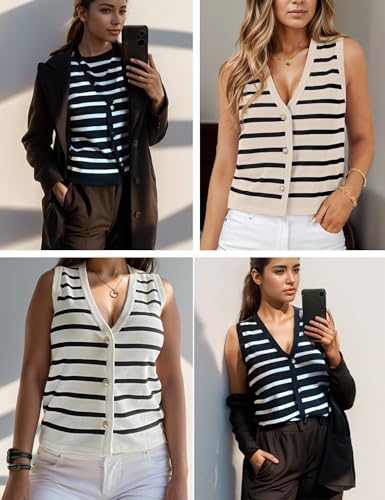 Chevara Women's Sleeveless Striped Sweater Vest Casual V Neck Vest Tops Summer Outfits4