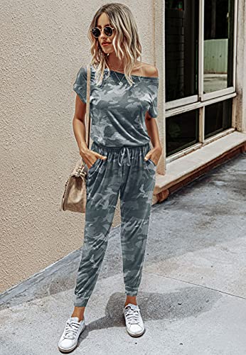 Amiery Women's Loose Casual Camouflage Jumpsuits Elastic Waist Stretchy Off Shoulder Long Romper Jumpsuit Camo M #TOP1