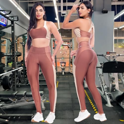 Conjunto Top + Legging Cintura Alta Feminino Academia Fitness Recorte Bicolor Com Bojo (Cappuccino,
