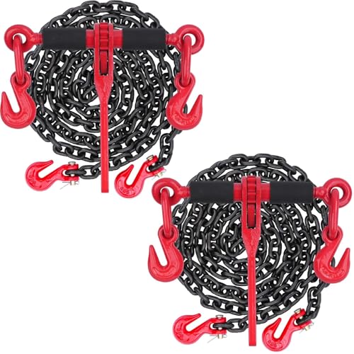 Image of Chain and Binders Kit 5 /16 inch - 3 /8 inch, 2 Pack G80 Ratchet Load Binder 5 /16 inch to 3 /8 inch, G80 Transport Chain x 20 Feet with G80 Hook, 5,400 lbs WLL Ratchet Binder and Chain for Towing, Hauling