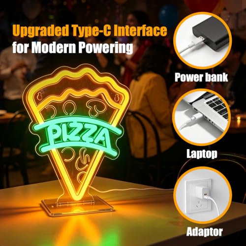 Image of Pizza Neon Sign, Type-C & USB Powered Neon Lights with Base Stand | Food Neon Signs for Kids Bedroom, Game Room, Kitchen, Desk & Wall Art, Aesthetic Room Decor Gift, Hooks Included