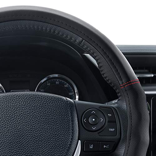 Motor Trend Faux Leather Steering Wheel Cover, Standard 15 inch Size, Comfort Grip Design, Solid Black Car Steering Wheel Cover for Truck Van SUV Auto
