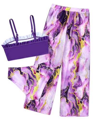 Image of Vogseek 6-16T Girls 3 Pieces Bikini Bathing Suit with Rash Guard Pants Quick Dry Swimwear Cover-Up Sets