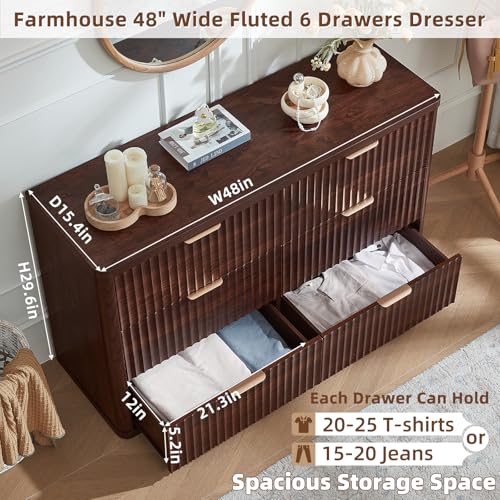 Image of LEYAOYAO Fluted 6 Drawers Dresser Set of 2, 48 inch Wide Modern Chest of Drawers with Metal Handle, Walnut Curved Profile Dresser TV Stand, Wooden Drawer Organizer for Bedroom, Living Room, Hallway