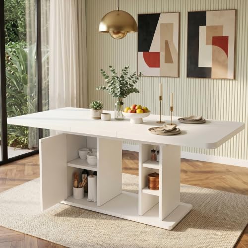 KecDuey Mesa de Comedor extensible blanca 140/180 x 80 cm con estantes de almacenamiento estilo nórdico para 6-8 personas