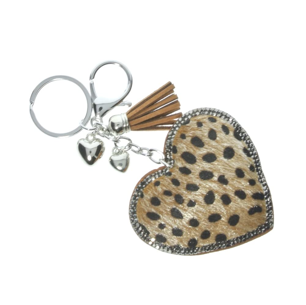 J & J LONDON Leopard Print Fur Heart Keyring/Diamante Bag Charm With Tassel Bling Glitter Key Buckle Gifts for Women Girl
