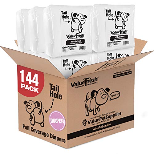 ValueFresh Disposable Diapers for Female Dogs, X-Small, 144 Count - Full Coverage w/Tail