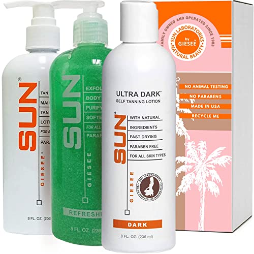 Sun Laboratories By Giesee Self Tanning Lotion, Tan Maintainer, and Exfoliant Body Gel - 3-Pack 8 Oz. Bottles, Non-Toxic Self Tanner, Ultra Dark Sunless Tanning Lotion