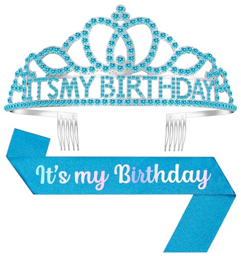 Birthday Tiara and Crown with Sash, Birthday Tiara for Women Party Blue