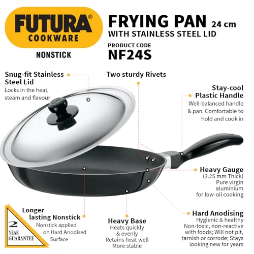Image of Hawkins Futura 24 cm Frying Pan, Non Stick Fry Pan with Stainless Steel Lid, Black (NF24S)