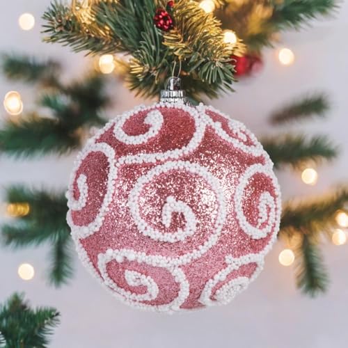 Kit 3 Bola Decorada Natalina Rosa Com Branco Pvc 8cm